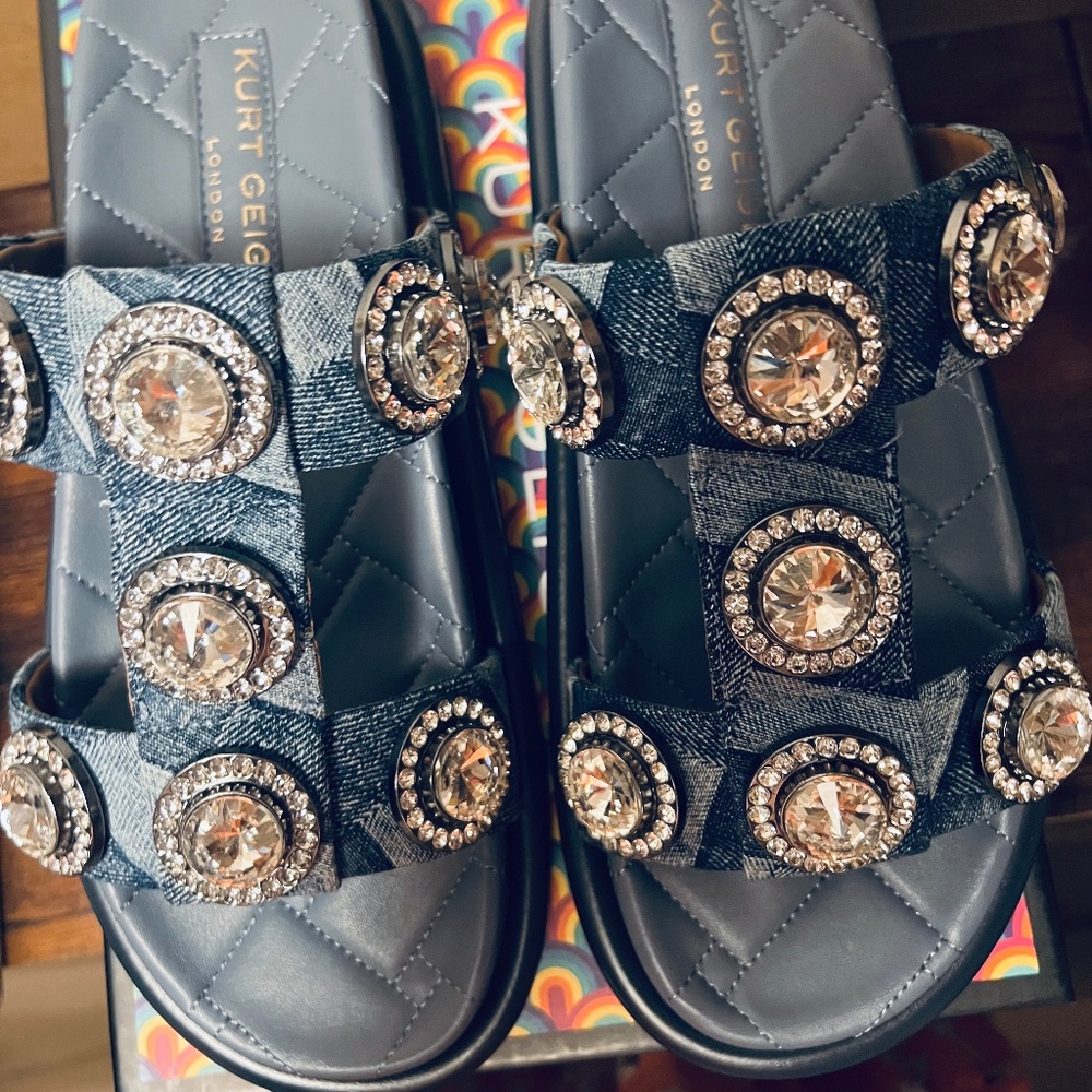 Brand New Kurt Geiger Orson Crystal Denim Sandals 40 9.5